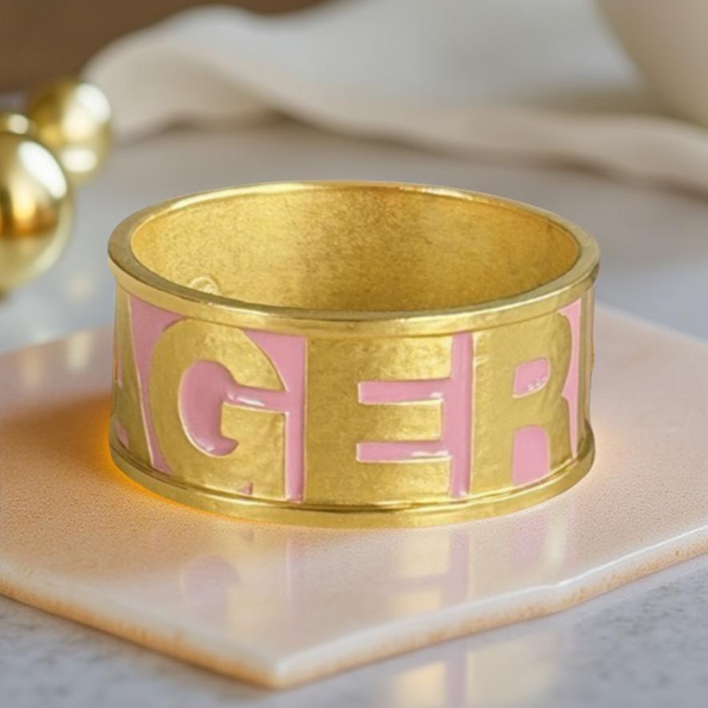 Karl Lagerfeld 80s Vintage Pink Enamel Gold Logo Letters Bangle Bracelet 8” - Picture 12 of 17